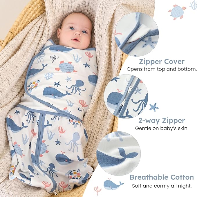 Baby Swaddle Sleep Sack 0-3 Months, Swaddles for Newborns Boy Girl, 3-Way Adjustable Infant Swaddle Wearable Blanket with Zipper & Detachable Wrap, 2 Pack Soft Snug Blue Whale