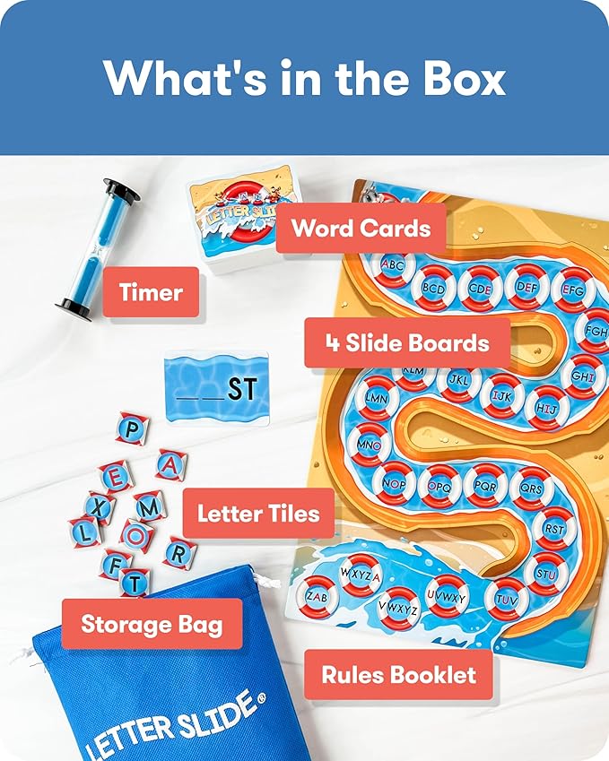 SimplyFun Letter Slide - Enhance Vocabulary and Language Skills with This Educational Game, Focused on Spelling, Consonants & Vowels, Fun for 2-4 Players, Ages 7 & Up