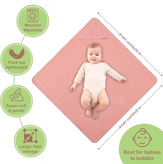 Organic Cotton Muslin Baby Hooded Towels - 32x32 Inch, 2 Pack Newborn Bath Towels for Boys & Girls, Soft & Absorbent Bath Set (Rose/Peach)
