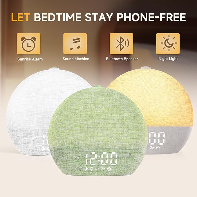 Sunrise Alarm Clock White Noise Sound Machine for Bedroom | Natural Wake-Up Light with 30 Soothing Sleep Aids, Bluetooth Speaker, Dimmable Clock, Screen-Free Design for Baby Adults Kids-Green