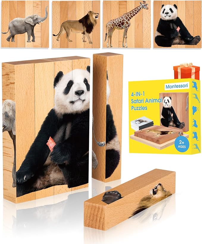 Niceuare Montessori Toys 4 in 1 Animal Wooden Toys for Kids,Wooden Animal Chunky Puzzles for Toddlers 2 Years Old+
