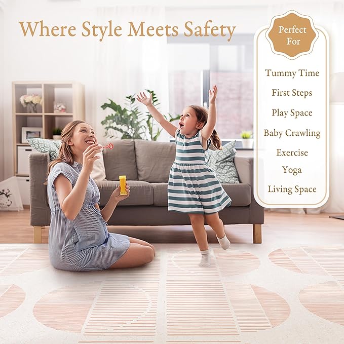 PopsyKosy Premium Exercise & Baby Foam Play Mats - Stylish & Large Non-Toxic Odorless Floor Mat - 6 Tiles - Spacious 6ft x 4ft - Peel-Resistant Reinforced - Soft Thick, Waterproof - Cream Pink