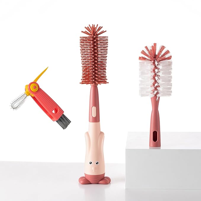 Chemimoso Cup Cleaning Brush, Silicone Baby Bottle Brush with Stand, Large Handle Water Bottle Brush Cleaner Set, with a Tiny Cup Lid Gap Cleaning Brush, Cup Lid Cleaner Brushes Kit, Pink