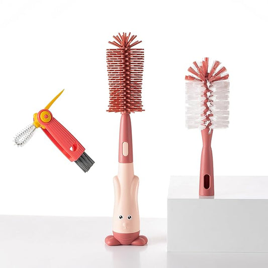 Chemimoso Cup Cleaning Brush, Silicone Baby Bottle Brush with Stand, Large Handle Water Bottle Brush Cleaner Set, with a Tiny Cup Lid Gap Cleaning Brush, Cup Lid Cleaner Brushes Kit, Pink