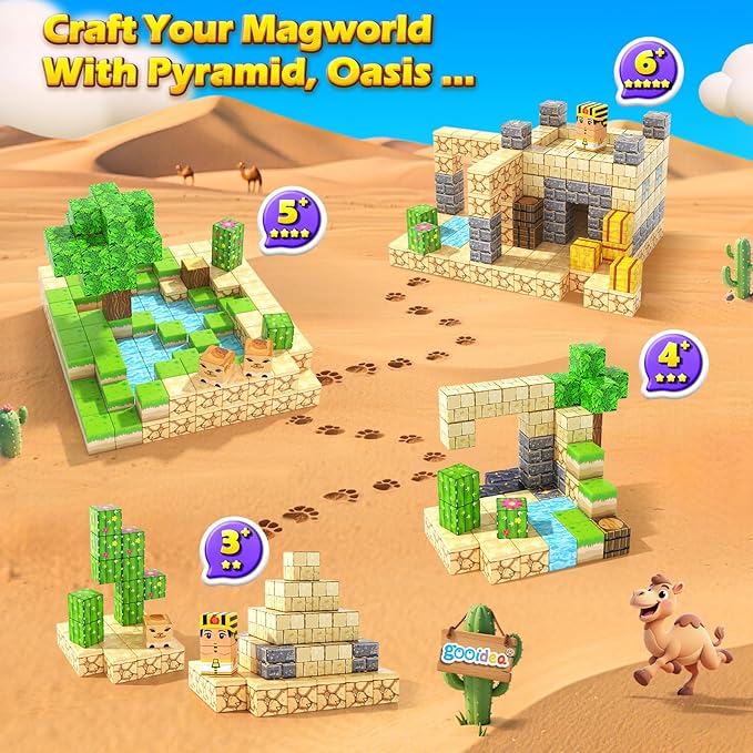 Large Magnetic Blocks Kids Toys, Sensory Learning Toys, Mine Magworld Building Craft, Desert Construction Set, 1“ Magnetic Building Cubes, Game Gift for 3+ Year Old Boys Girls