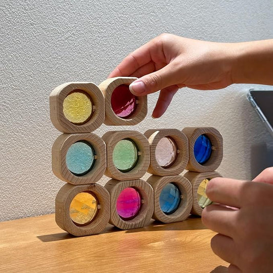 20PCS Wooden Gem Blocks Stacking Toys,Colorful Acrylic Windows Blocks, Rainbow Crystal Acrylic Building Cubes Educational Sensory Training Crystal Toys (20PCS Round Gem Blocks)