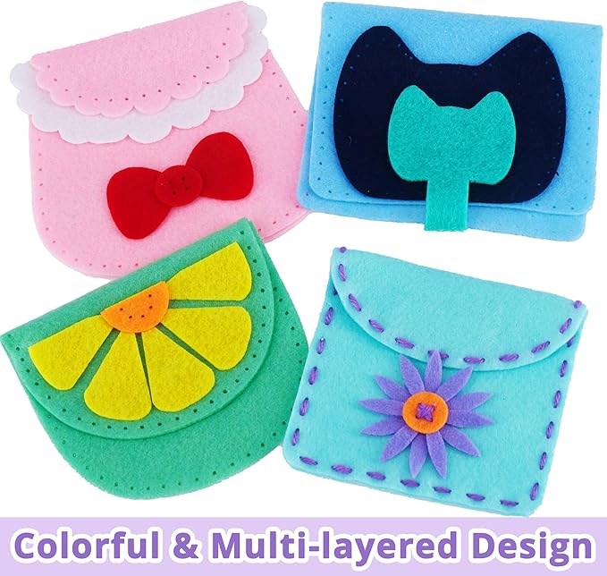 IROLEHOME 6 Pcs Soft Felt Sewing Kit for Kids, Purses DIY Arts & Craft Kit for Beginners, Sew Your Own Handbag Projects Gifts for Girls Boys Fine Motor Travel Toys