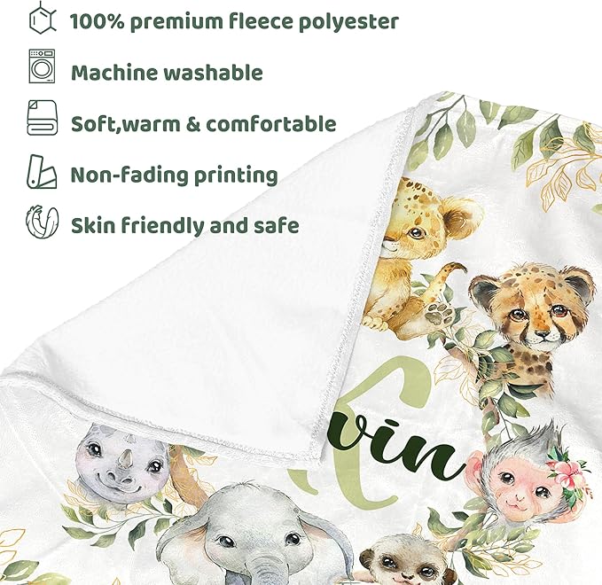 J&SBGFT Personalized Safari Animal Wood Baby Blanket, Custom Name, 30"x40", Brown, Green, Flannel, Unisex, Modern, Multi-Purpose, Customizable, Baby/Home