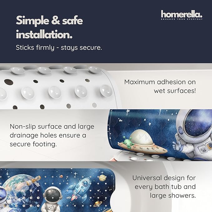 Homerella Baby Bath Tub Mat | Anti Mold Mildew Resistant Non Slip Kids and Adult Bath Tub Shower Mats | 40x16 inch Long with Suction Cups for Secure Grip Hooks for Storage & Drying | Machine Washable