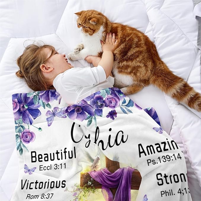 Customized Blankets with Name Personalized Baby Blankets Plush Baptism Blanket Scripture Quote Swaddle Bible Verse Blanket Christian Gift for Girls Birthday Christmas Christening Godchild Gifts