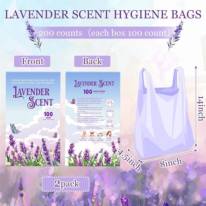200 Pcs 14 x 8 in Lavender Scented Hygiene Bags Discreet Waste Disposal for Feminine Products, Diaper Disposal or Pet Waste Sacks with Easy-to-tie Tabs