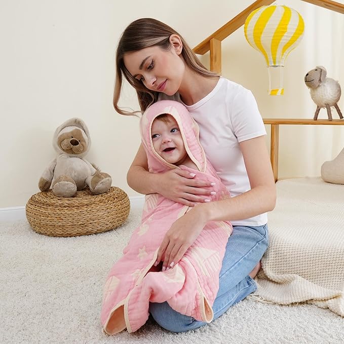 Ultra-Soft Muslin Baby Hooded Towel - 32 x 32 Inches, Ideal for Bath & Beach, Suitable for Both Boys & Girls from Newborns to Toddlers