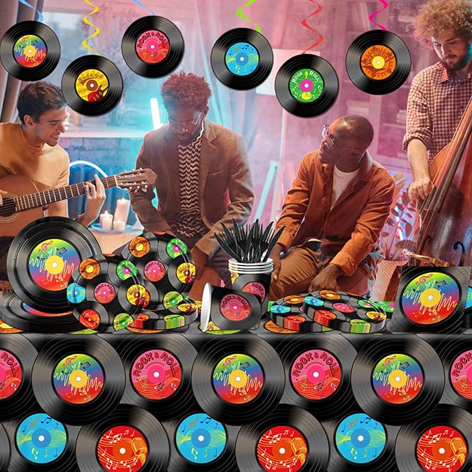 142Pcs Record Theme Tableware Set, 50's Party Decorations Record Paper Plates and Napkins, Cups, Tablecloth, Hanging Swirls Record Banner for 1950's Rock Music Party Supplies