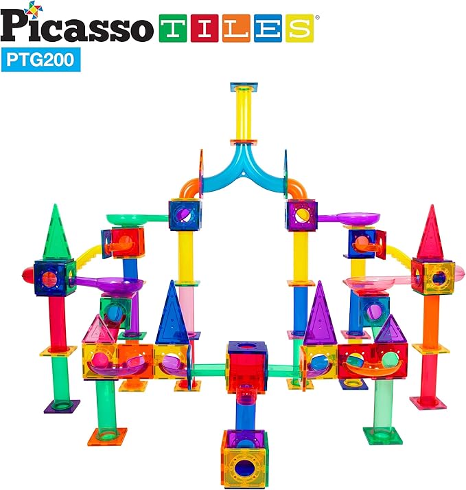 PicassoTiles 200pc Magnetic Marble Run Tiles Toy STEM Educational Race Track with Light Up Marbles Magnet Tile Building Blocks Maze Kit Sensory Pretend Play Toys for Toddlers Boys Girls Ages 3+ PTG200
