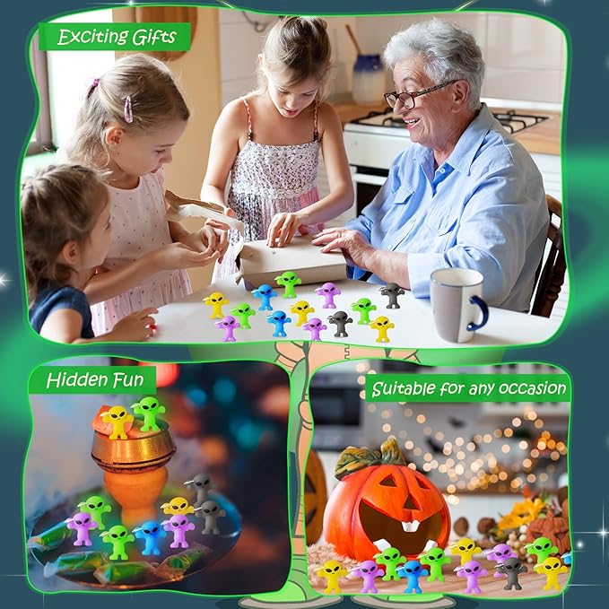 20 Pcs Colorful Mini Alien Figures Glow in The Dark Small Little Tiny Aliens Figurine Space Ship Toy Space Party Favors Prank Rubber Bag Piñata Filler