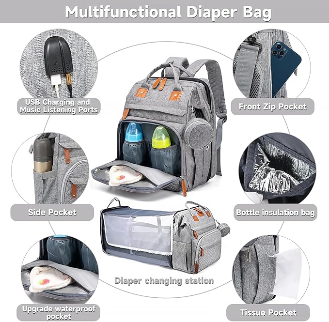 Baby Diaper Bags with Changing Station, Large Capacity Diaper Bag Backpack for Moms Dads with USB Charging Port,Travel Baby Bag with Pacifier Case & Stroller Straps(Up-Grey)