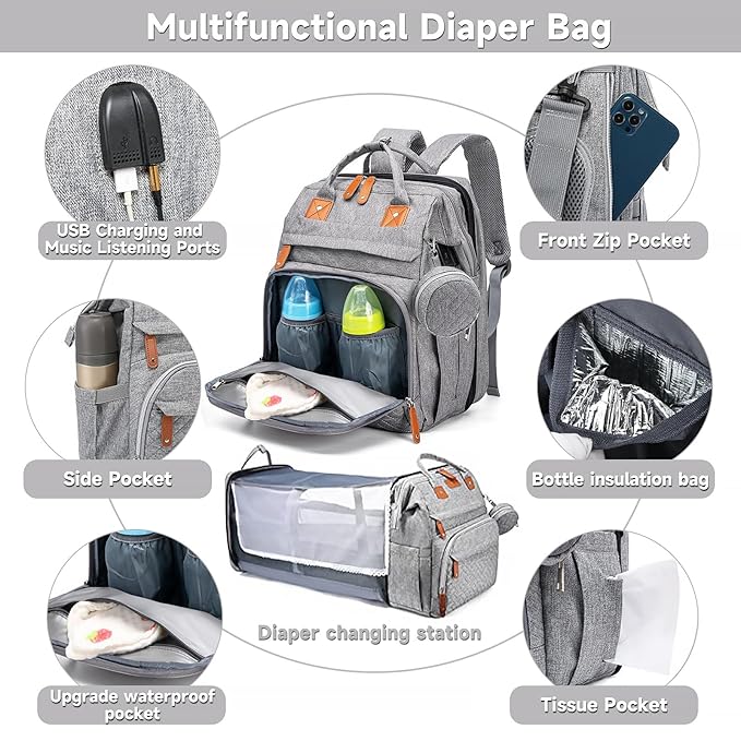 Diaper Bag Backpack Diaper Bag Multifunctional Waterproof Diaper Bag with Changing Station Travel Backpack with Changing Pad, Pacifier Case & Stroller Straps(Grey)