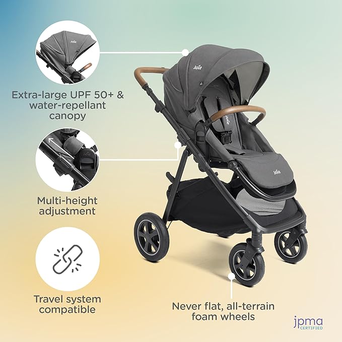Joie Hazel Height Adjustable Stroller – Travel-Friendly Stroller with Height Adjustable Seat, Multi-Position Recline, and All-Terrain Wheels (Thunder)