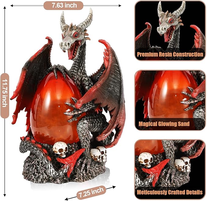 Evil Dragon Snow Globe Statue, Illuminated Water Filled Egg, Rotating Mist Effect, Skull-Embedded Base, Fire Dragon Egg Glow with 6H Timer, Battery Operated, Unique Halloween Snow Globe Holiday Decor