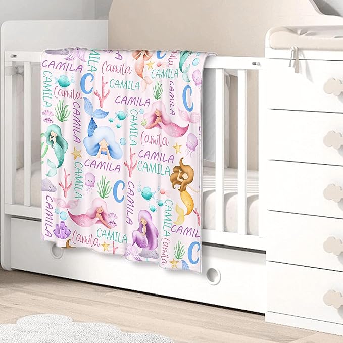 Personalized Mermaid Baby Blanket with Name - Custom Swaddle Blanket for Toddlers, Infants, Kids & Newborns - Nursery Stroller Crib Decor Throw - Birthday Gift