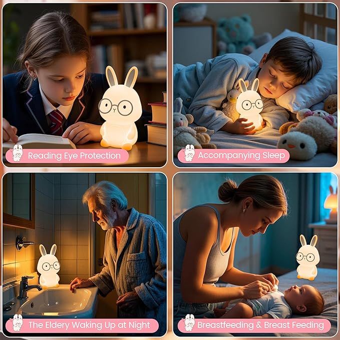 Bunny Night Light, Rabbit Lamp for Kids, Rechargeable LED Nightlight for Easter Gift,Silicone Bedside Lamp with Touch Color Changing,3 Levels Dimmable/Timmer Nursery Bedroom Light,Room Decor