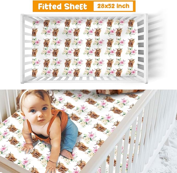 Baby Crib Bedding Set - Highland Cow Design Nursery Bed 3 Pcs Set - Chic Soft Blanket with Dotted Backing, Sheet, Pillowcase for Newborns Girls Boys Gifts Color01