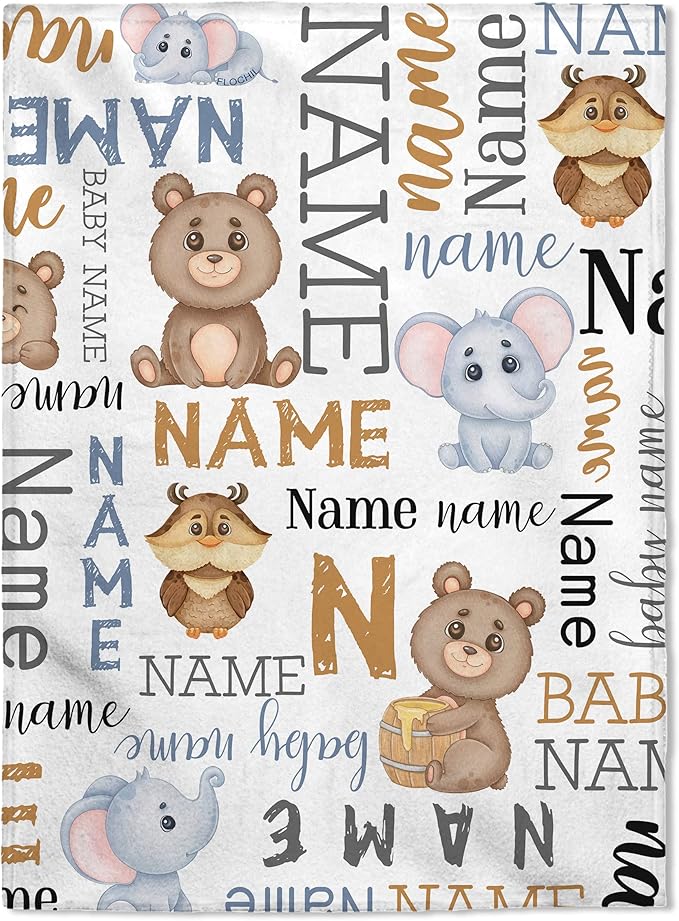 FLOCHIL Personalized Baby Blankets, Custom Baby Blanket - Baby Blanket with Name for Boys, Best Gift for Newborn Elephants Flush Fleece (30x40) (Monogram 2)