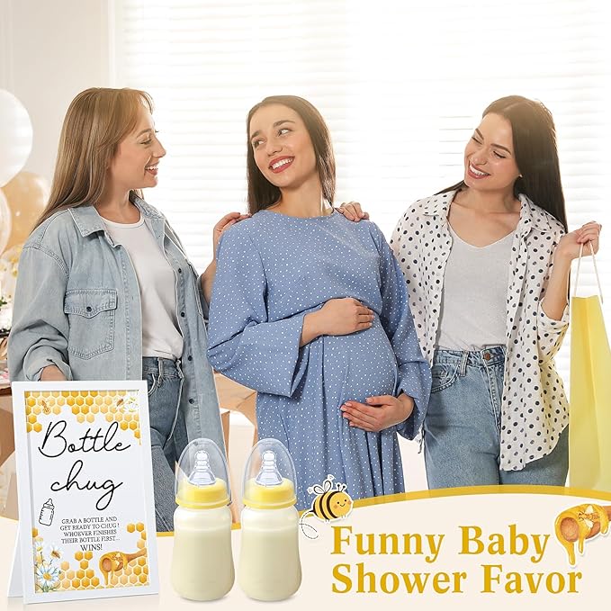 Roowest Bottle Chug Baby Shower Game Favors Including Bee Theme Wooden Sign and 18 Pcs Baby Bottles for Gender Reveal Party Supplies