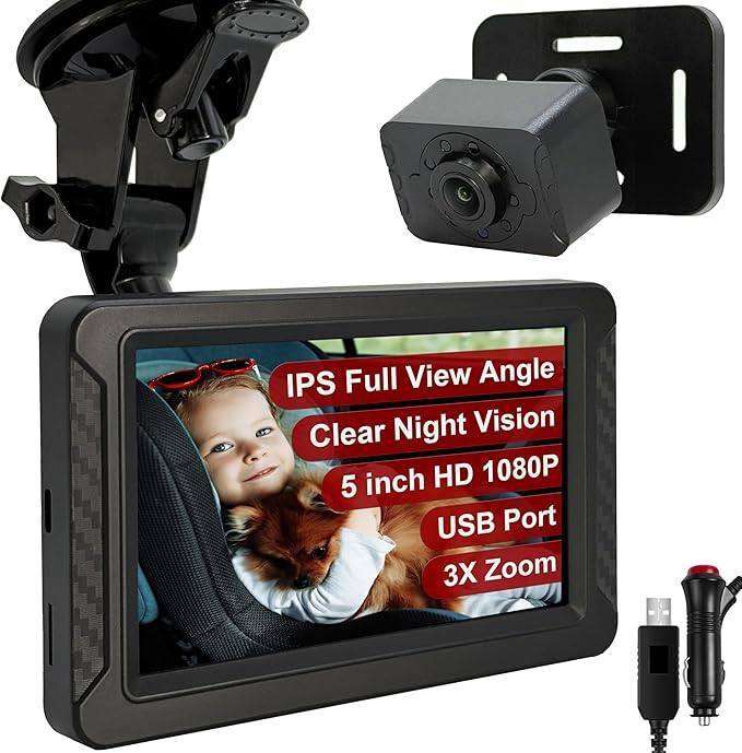 Night Vision Baby Car Camera, 5" HD 1080P IPS Display with 3X Zoom & 360° Adjustment - USB/Cigarette Lighter Powered, HD Backseat Baby Monitor for Rear Facing Infant Safety in Cars/Trucks/SUVs