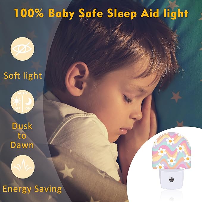 Groovy Hippie Daisies Flowers Night Light for Kids,Retro Rainbow Wavy Floral Night Light Plug in with Dusk to Dawn Sensor,0.5w Energy Saving Nightlight for Hallway Stairway Kitchen Bedroom