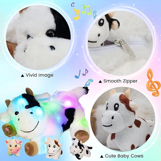 Hopearl LED Musical Stuffed Cow Lighting Up Singing Plush Toy Playset Mommy Cow with 3 Baby Dairy Cows in her Tummy Adjustable Volume Lullaby Animated Soothe for Mom Kids, 15''
