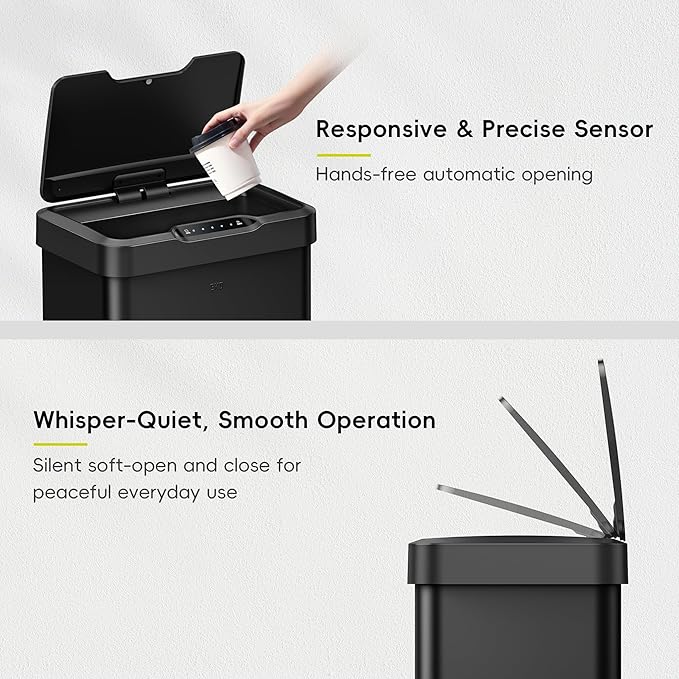 EKO Mirage-T 50 Liter / 13.2 Gallon Touchless Rectangular Motion Sensor Trash Can, Brushed Stainless Steel Finish (Matte Black)