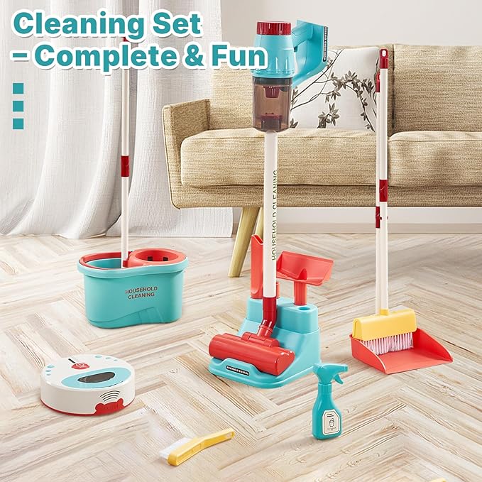 3-in-1 Kids Cleaning Toy Set, Working Toy Vacuum with Real Suction, Toddler Broom & Mop, Pretend Home Cleaning Kit for Boys & Girls Ages 3+