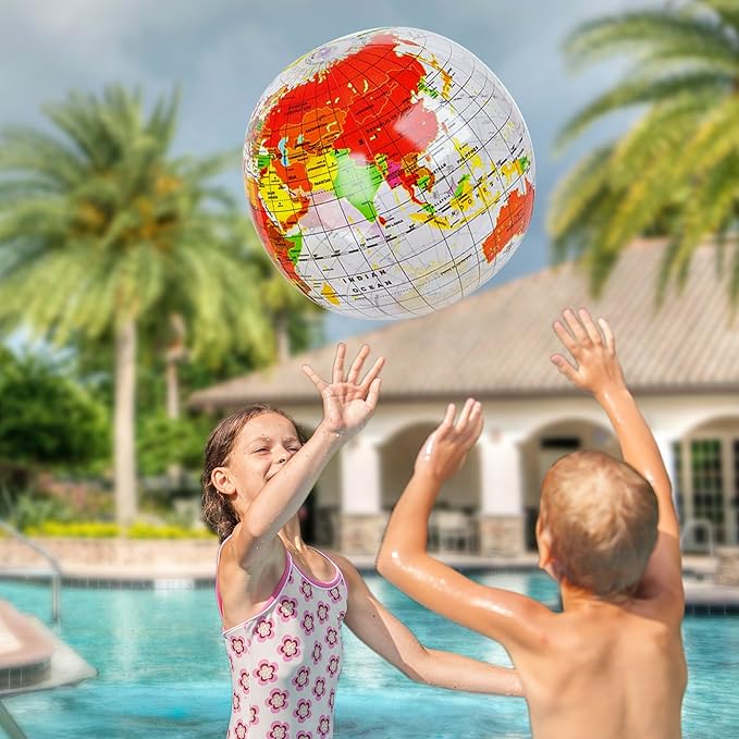 ArtCreativity Inflatable World Globe Ball Set Set of 6 Print Blue and Clear - Colorful Earth Map, 16 Inch Inflatable Beachball for Pool, Summer Fun Toys for Kids, Learning and More