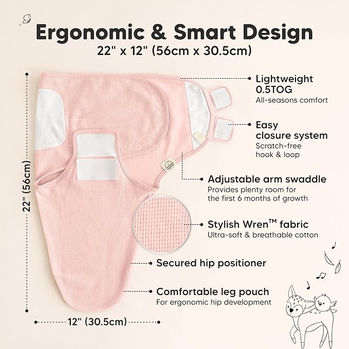 3-Pack Organic Swaddles for Newborns, Baby Sleep Sacks 0-3 Months - Baby Swaddle Wrap, Newborn Wearable Blanket, Infant Sleep Sack for Girls, Boys, Soft & Snug, Large Hook & Loop Closure (Roseate)