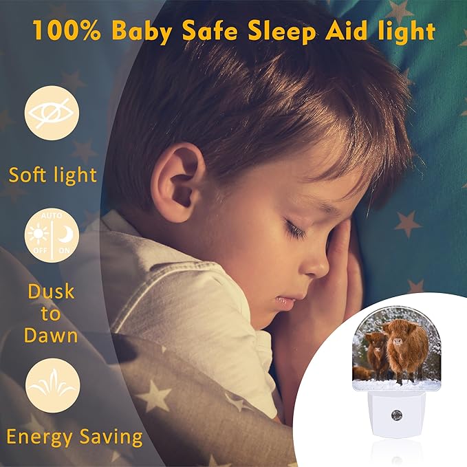 Highland Cow Night Light for Kids, Winter Wild Animals Night Light Plug in with Dusk to Dawn Sensor, 0.5w Energy Saving Sleep Friendly Nightlight for Hallway Stairway Kitchen Bedroom
