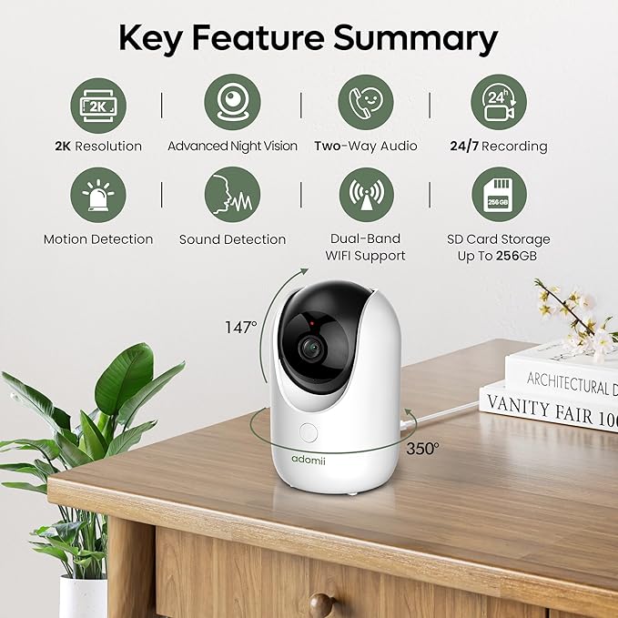 2K Indoor Cameras for Home Security - Camera with Pan/Tilt, 33ft Night Vision, 2 Way Audio, BLE Pairing - Motion Detector Indoor Wi-Fi Camera for Baby & Pet Monitor