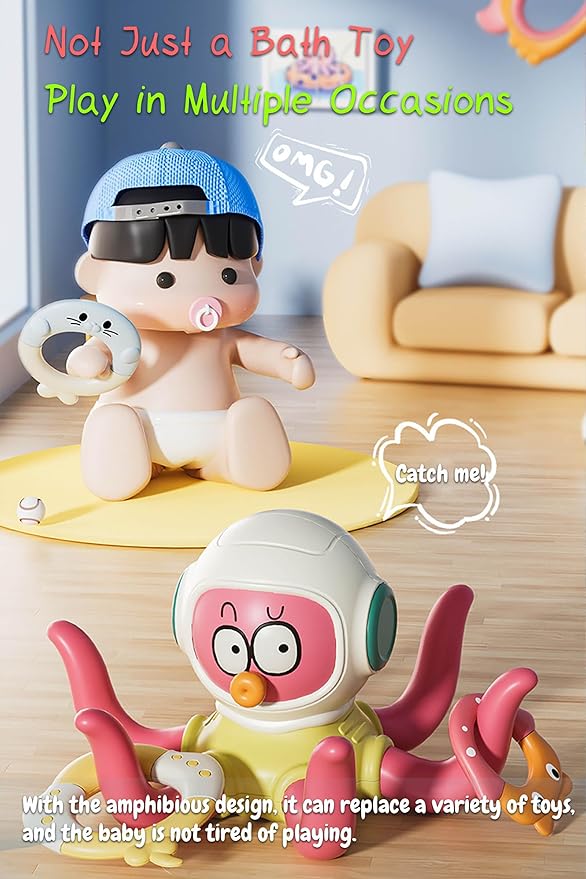 Octopus Ring Toss Bath Toy, Bathtub Ring Toss Game Interactive Sensory Toy with 5 Rings-Octopus, Crab, Pufferfish, Seal and Manta Ray
