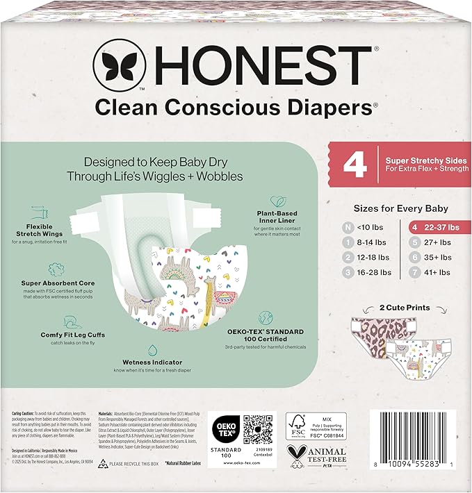 The Honest Company Clean Conscious Diapers for Delicate Skin | Up to 100% Leakproof | Hypoallergenic, Fragrance Free | Girl Prints | Club Box, Size 4 (22-37 lbs), 54 Count (Prints May Vary)