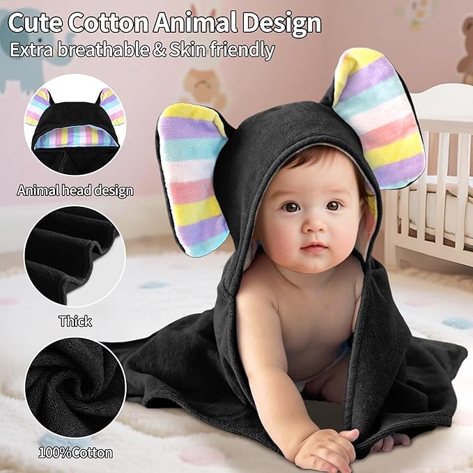 VOOVA & MOVAS Thick Baby Hooded Bath Towel - 100% Cotton,500GSM, 33x31.5 Inches,0-2Years, Super Absorbent Large Towel with Cute Elephant Ears Hood for Newborn, Baby, Infant, Baby Essentials,Black