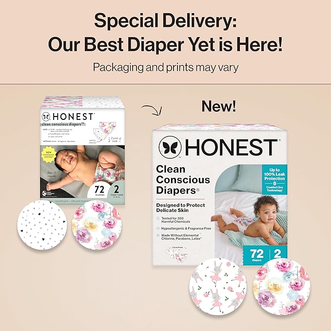 The Honest Company Clean Conscious Diapers for Delicate Skin, Up to 100% Leakproof Hypoallergenic Fragrance-Free Baby Diapers, Girl Prints, Club Box, Size 2 (12–18 lbs), 72 Count (Prints May Vary)