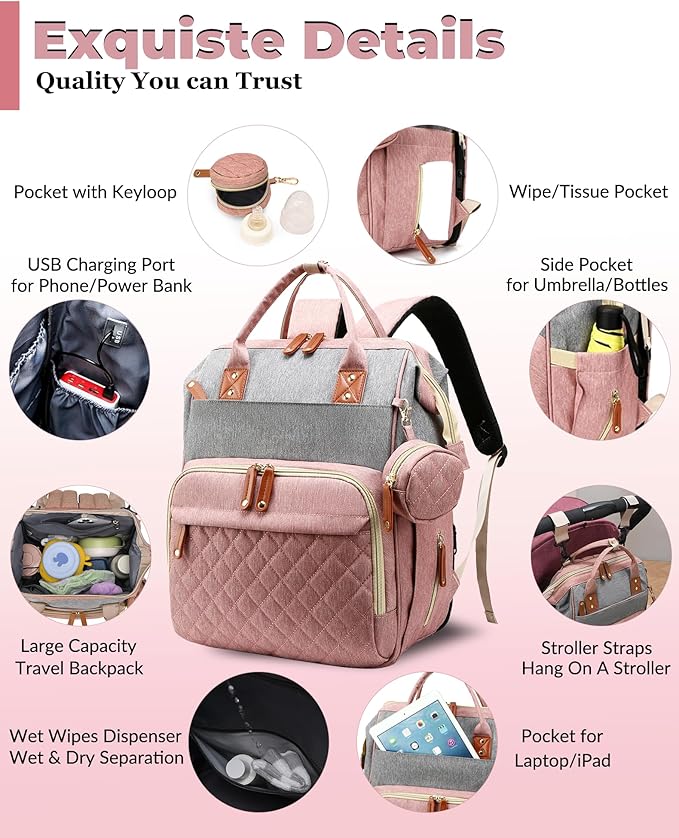 Diaper Bag with Changing Station, Waterproof 3 in 1 Baby Diaper Backpack with Foldable Changing Pad, Pink-Grey