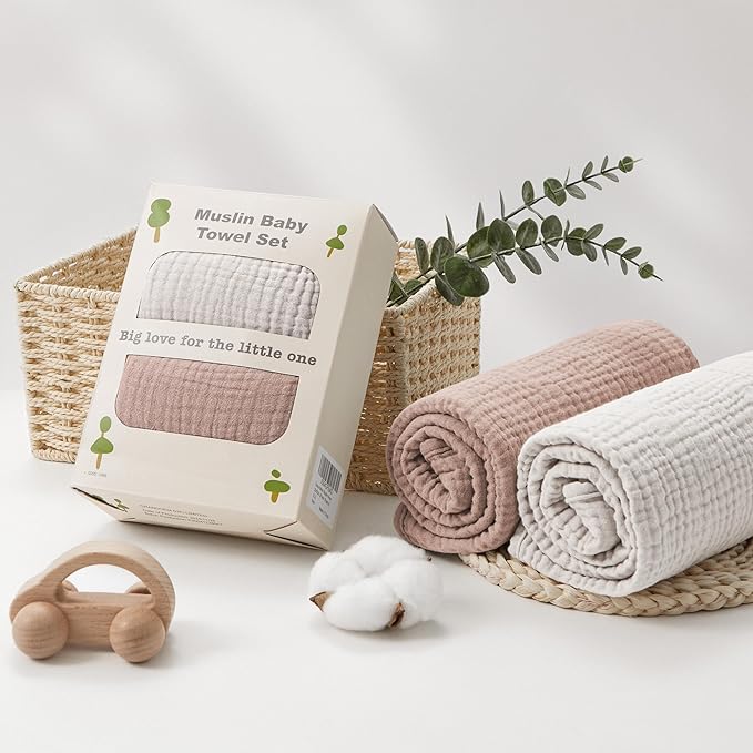 Susurration Hooded Baby Towels for Newborn 2 Pack 100% Muslin Cotton Towel for Babies，Highly Absorbent and Newborn Essential 30x30 Inch Cream&Sand