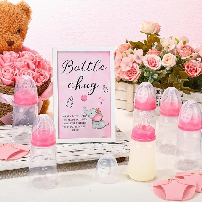 Roowest Bottle Chug Baby Shower Game Favors Including Pink Elephant Theme Wooden Sign and 18 Pcs Baby Bottles for Gender Reveal Party Supplies