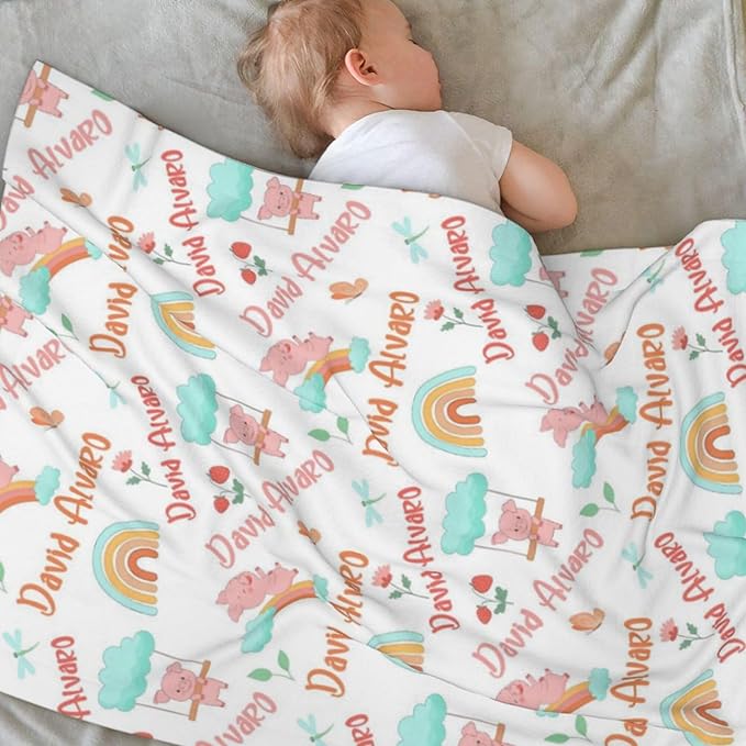 Ship Next Day Personalized Baby Blanket, Printed in USA - Custom Name Toddler Blanket with Pig Pattern, Personalized