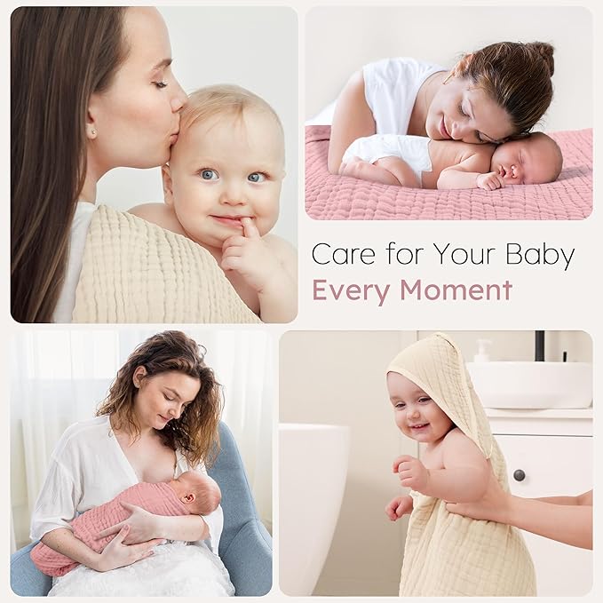 Looxii Baby Bath Towels 2 Pack Muslin Hooded Baby Towels for Newborn and Infants, 100% Cotton, Large 32x32Inch, Soft and Absorbent Beige+Pink