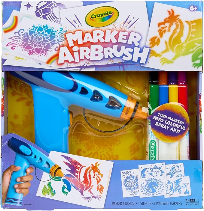 Crayola Marker Airbrush Spray Art Kit, Battery-Powered Sprayer with 8 Washable Markers & 5 Stencils, Holiday for Kids, DIY Craft Set, Ages 6+