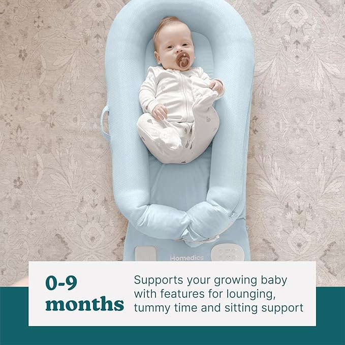 MyBaby 3-in-1 Calming Baby Cushion, Soothing Comfort for Newborns & Infants, Snuggling Sensation, Sound and Vibration, Designed for Safety, Rechargeable & Machine-Washable, by Homedics, Blue