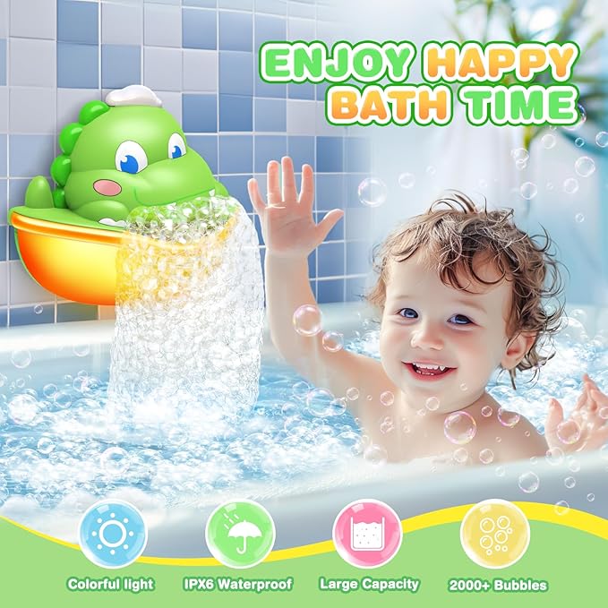 Dinosaur Baby Bath Toys Light Up Bath Bubble Machine with Colourful Light Bathtime Shower Bath Toys for Kids Ages 1-3 4-8 Birthday Gift Easter Basket Stuffers for Toddler Boys Girls