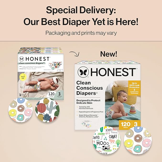 The Honest Company Clean Conscious Diapers for Sensitive Skin, Up to 100% Leakproof Hypoallergenic Fragrance-Free Baby Diapers, Gender Neutral Prints, Super Club Box, Size 3 (16–28 lbs), 120 Count